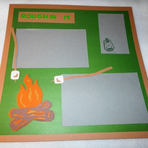 Camp 12 x 12 premade scrapbook page, die cut campfire, hand stamped lantern, camping theme, scout camp photos, DIY camping memory book page