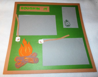 Camp 12 x 12 premade scrapbook page, die cut campfire, hand stamped lantern, camping theme, scout camp photos, DIY camping memory book page