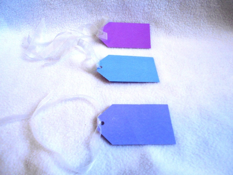 Hand stamped Warm Winter Wishes snowflake gift tags Snowflake gift tags Set of 3 gift tags in blue and white with matching ribbon purple