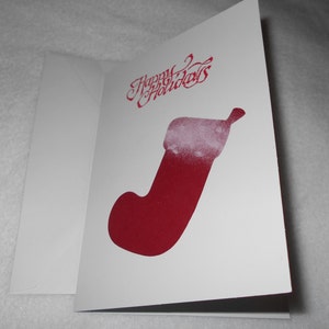 Traditional kids Christmas Card, hand stamped  children&#39;s holiday card with die cut red stocking