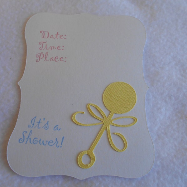 Die Cut Baby Shower invitation, set of 6 hand stamped invitations with yellow rattle, with matching yellow envelopes, gender neutral