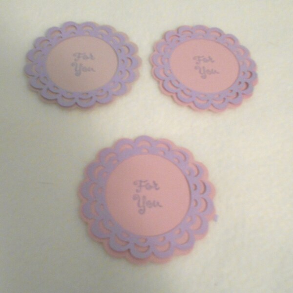 Hand stamped die cut pink and purple round gift tag, for you, set of three round gift tags, perfect for any gift