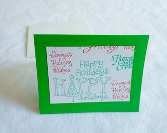 Handmade stylized Christmas card, hand stamped, red and green Christmas phrases, contemporary holiday card, unique holiday greetings