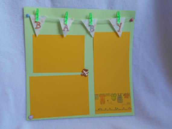 Baby 12 x 12 Hand Stamped Premade scrapbook page, with hand stamped laundry and baby theme