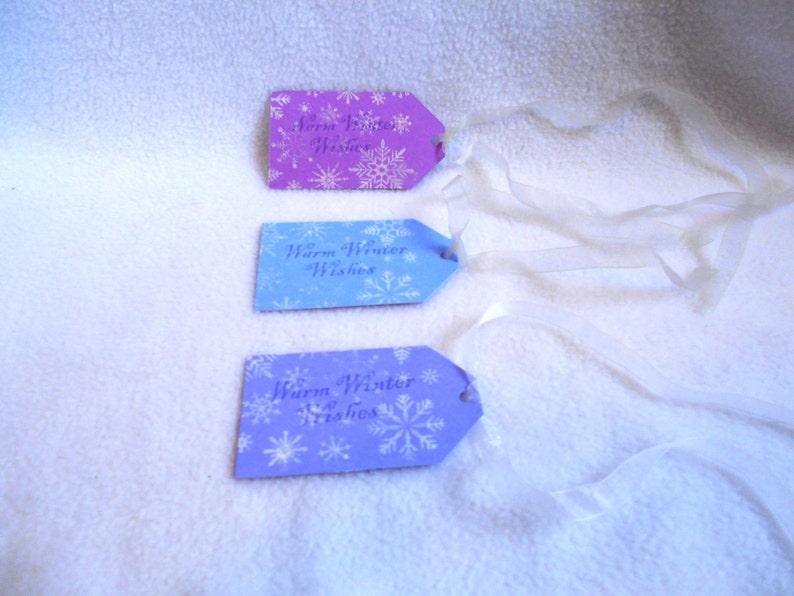 Hand stamped Warm Winter Wishes snowflake gift tags Snowflake gift tags Set of 3 gift tags in blue and white with matching ribbon purple