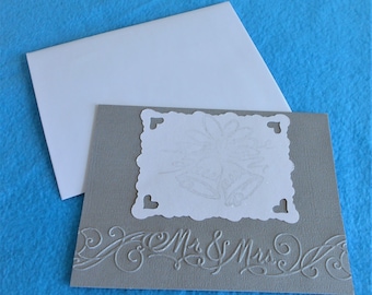 Handmade embossed wedding card, white glitter, hand stamped wedding bells, embossed Mr. and Mrs., unique shower, engagement, or wedding card