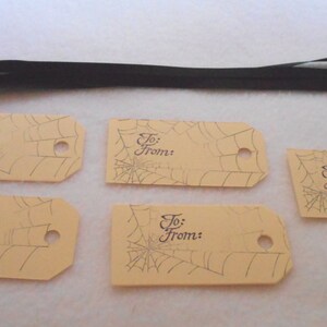 Halloween gift tags, hand stamped spider webs, set of 5, matching black ribbon, unique Halloween gift embellishment, arts and crafts accents