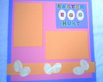 Easter Egg Hunt 12 x 12 Premade Scrapbook page, Easter themed scrapbook page layout with die cut Easter Eggs and pastel color scheme