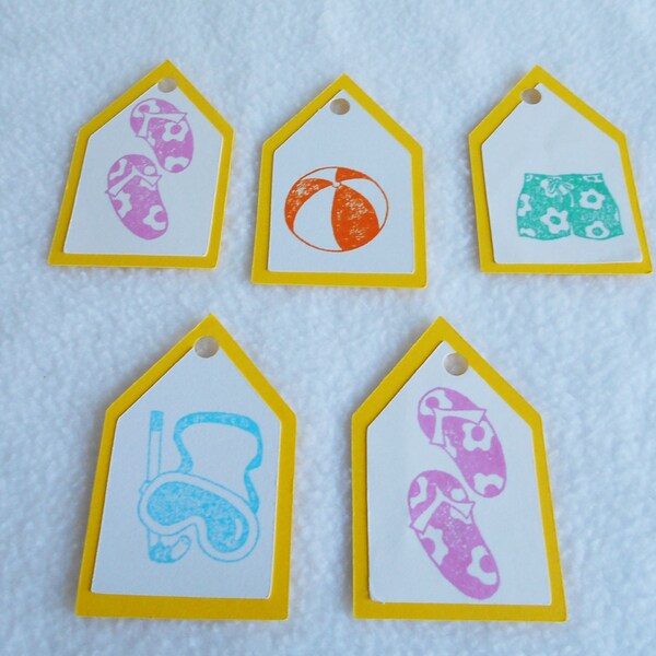 Summer tags, flip flops, beach balls, summer shorts, scuba mask, die cut hand stamped gift tags, Set of 5, for presents or scrapbook accents