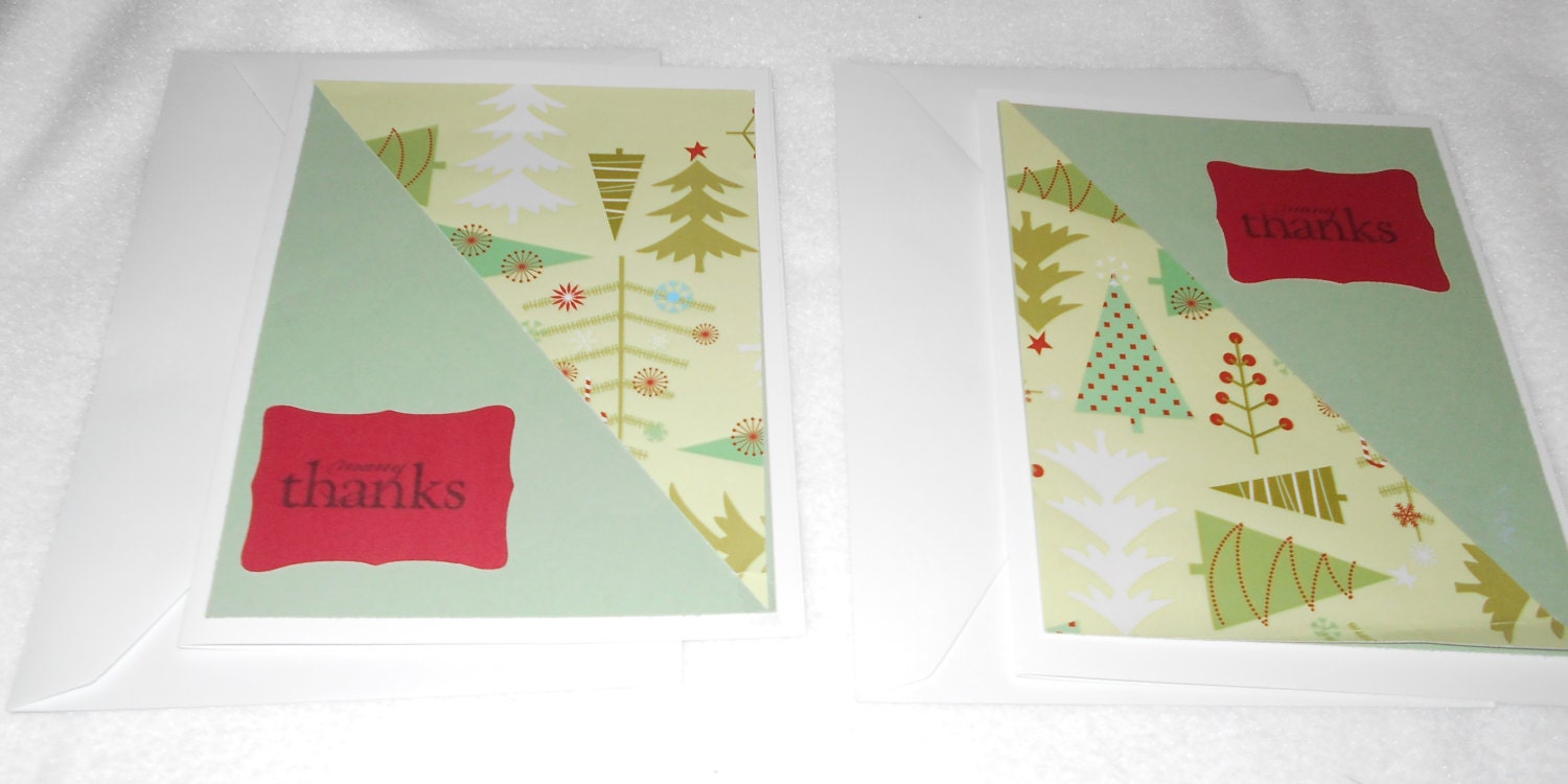 Set of 2 Christmas Tree Thank You Notes, Hand Stamped Christmas Thank
