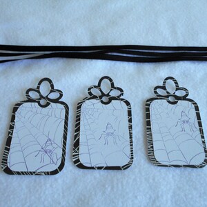 Halloween tags, hand stamped spider web, die cut gift tags, Set of 3, with black ribbon, stylized spider, black and white embellishment