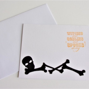 Handmade skeleton Halloween card, hand stamped Halloween greeting card for all ages, with die cut skeleton, funny Halloween card