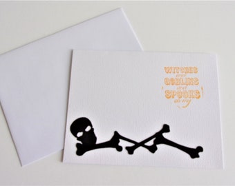 Handmade skeleton Halloween card, hand stamped Halloween greeting card for all ages, with die cut skeleton, funny Halloween card
