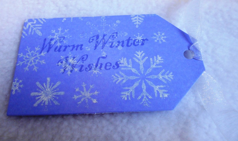 Hand stamped Warm Winter Wishes snowflake gift tags Snowflake gift tags Set of 3 gift tags in blue and white with matching ribbon purple