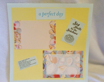 12 x 12 premade summer scrapbook page, pastel color scheme, beach theme, sea shell accents, hand stamped scrapbook page, for summer vacation