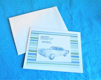 Father's Day Card,  hand stamped muscle car, blue and green striped card, celebrate Dad's day with classic car card in coastal colors