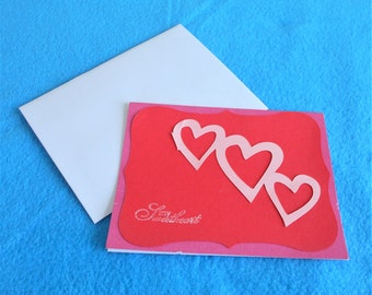 Sweetheart card, die cut pink hearts, hand stamped, unique Valentine or anniversary card, thinking of you card, pink and red, love you card