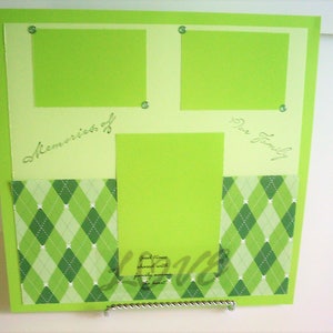 Family 12 x 12 premade scrapbook page, bright green argyle print, hand stamped, memory book, unique family gift, single-page photo layout