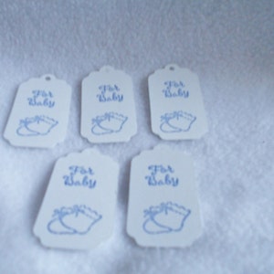 Die cut Hand stamped Baby gift tags, Set of 5, with hand stamped blue baby booties, perfect for shower gifts