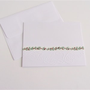 White embossed thank you note, perfect Christmas thank you, with pine bough print, elegant thank you note, blank on the inside