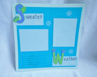 12 x 12 premade scrapbook page, Winter themed,  hand stamped snowflakes, Sweater Weather die cut scarf accents, unique photo display