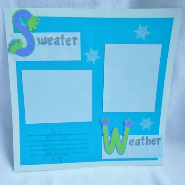 12 x 12 premade scrapbook page, Winter themed,  hand stamped snowflakes, Sweater Weather die cut scarf accents, unique photo display