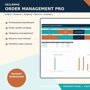 May include: SellerHQ Order Management Pro digital spreadsheet for Microsoft Excel. Features a dashboard with order profit tracking, shipping management, returns, and monthly sales reports. Includes data tables and charts for revenue and sales channels.