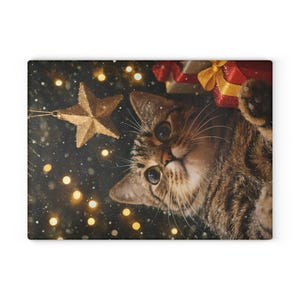 Tabby Cat with Christmas Lights Glass Cutting Board | Holiday Kitchen Decor