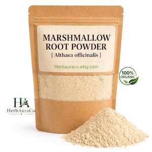 May include: A brown paper bag of marshmallow root powder with the text "MARSHMALLOW ROOT POWDER [Althaea officinalis ]" and "Herbauraco.etsy.com". A small pile of powder sits in front of the bag. The bag has a "100% ORGANIC" label.