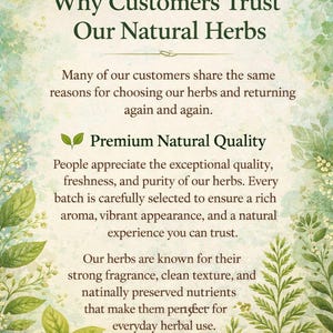 Puede incluir: Un anuncio de hierbas naturales, con el texto &laquo;Por qu&eacute; los clientes conf&iacute;an en nuestras hierbas naturales&raquo;. La imagen tiene un fondo de acuarela con follaje verde y texto que describe la calidad y los beneficios de las hierbas.