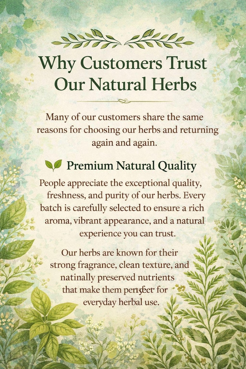 Puede incluir: Un anuncio de hierbas naturales, con el texto &laquo;Por qu&eacute; los clientes conf&iacute;an en nuestras hierbas naturales&raquo;. La imagen tiene un fondo de acuarela con follaje verde y texto que describe la calidad y los beneficios de las hierbas.