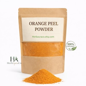 Polvere di buccia d'arancia biologica essiccata al sole, ingrediente naturale per la cura della pelle, maschera viso vegana e pura.