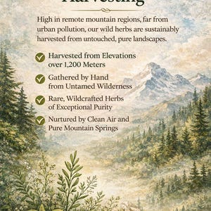 May include: Image promoting "Pure Mountain Harvesting" with text describing the origin of wild herbs. The text highlights harvesting from high elevations, hand-gathering, and exceptional purity. A scenic mountain landscape is in the background.