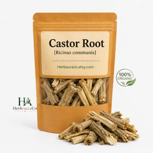 May include: A kraft paper bag filled with dried castor root. The bag has a label that reads "Castor Root [Ricinus communis]" and "Herbauraco.etsy.com". A small pile of the root is in front of the bag. A green "100% Organic" logo is on the right.