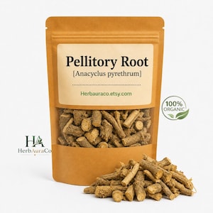 Op de afbeelding: Een bruine papieren zak met een doorzichtig venster met Pellitory Root [Anacyclus pyrethrum]. De zak heeft een label met de tekst "Pellitory Root" en "Herbauraco.etsy.com". Een hoop van de wortel ligt voor de zak. Een groene "100% Organic" sticker staat op de zak.