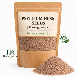May include: A brown paper bag filled with psyllium husk seeds, with a small pile of seeds in front. The bag has a white label with the text "PSYLLIUM HUSK SEEDS [Plantago ovata]" and the Etsy shop URL. A green "100% ORGANIC" sticker is on the right.