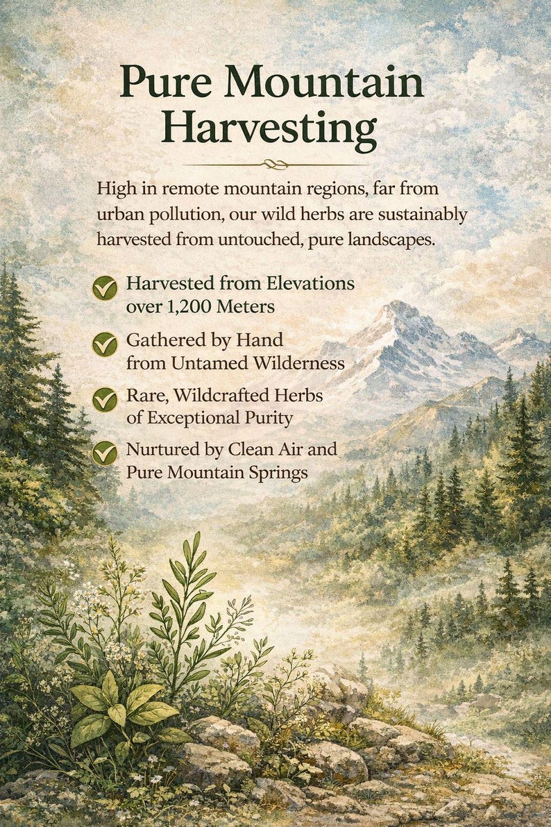 May include: An image with the text "Pure Mountain Harvesting" over a landscape illustration. The text describes herbs harvested from high elevations, gathered by hand, and nurtured by clean air. The image features a mountain range and lush greenery.