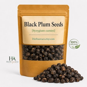 Puede incluir: Una bolsa de papel kraft marrón con semillas de ciruela negra, etiquetada como Black Plum Seeds [Syzygium cumini] y Herbauraco.etsy.com, con un sello 100% orgánico y un montón de semillas oscuras y texturizadas frente a la ventana transparente.
