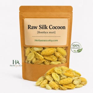Puede incluir: Una bolsa de papel marrón llena de capullos de seda cruda, con una ventana transparente. La etiqueta dice "Raw Silk Cocoon [Bombyx mori]" y "Herbauraco.etsy.com". Un pequeño montón de capullos está frente a la bolsa. Una pegatina verde "100% Organic" está en la bolsa.
