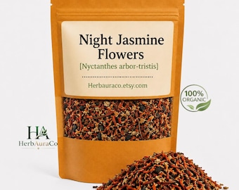 May include: A brown paper bag filled with dried Night Jasmine Flowers, with the scientific name Nyctanthes arbor-tristis, and a small pile of the flowers in front. The bag has a white label with the text "Night Jasmine Flowers" and "100% ORGANIC".