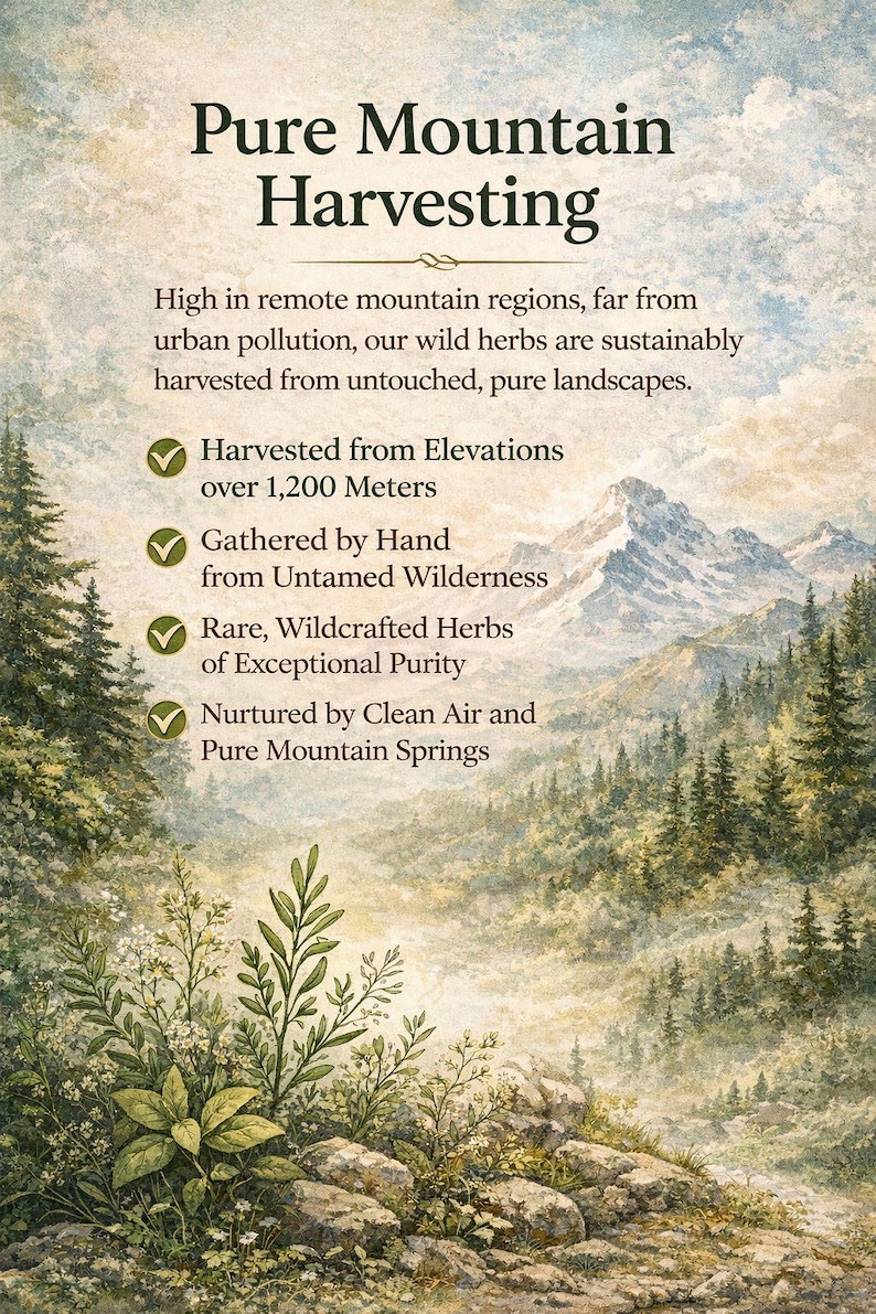 Puede incluir: Imagen con el texto "Pure Mountain Harvesting" sobre un paisaje monta&ntilde;oso. El texto destaca el origen de las hierbas silvestres, recolectadas en elevaciones, recogidas a mano y nutridas por aire puro y manantiales.