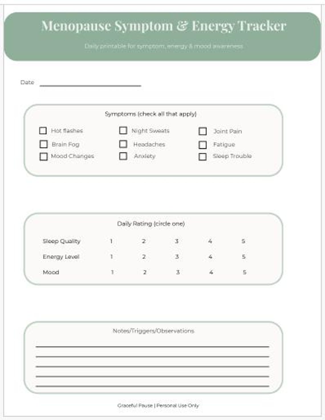 Menopause Symptom Tracker Printable | Perimenopause Log | Energy and ...