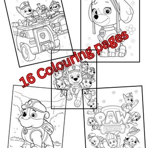 May include: A set of 16 Paw Patrol colouring pages. The black and white line drawings depict various characters and vehicles from the animated series. The text "16 Colouring pages" is displayed in red. Ready for children to colour.