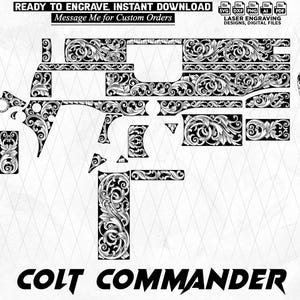 May include: Black and white digital design for laser engraving, featuring a Colt Commander pistol with intricate floral scrollwork. The design includes various parts of the firearm, ready for customization. Text at the top reads "READY TO ENGRAVE. INSTANT DOWNLOAD".