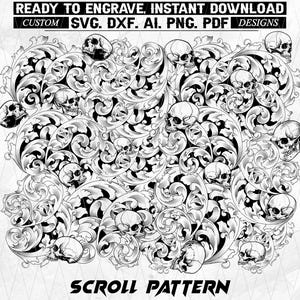 Scroll work and Skulls Seamless Engraving Pattern Seamless Texture Digital File