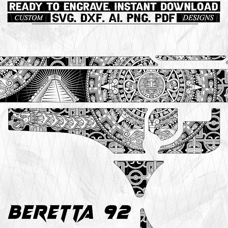 Beretta 92 Aztec Engraving Vector Design Svg Dxf Ai Png Pdf Laser ...