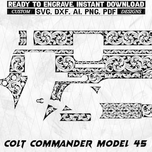 Pode incluir: Design vetorial a preto e branco para um Colt Commander Model 45, com intrincados ornamentos florais. O design está pronto para gravar e disponível para download instantâneo nos formatos SVG, DXF, AI, PNG e PDF.