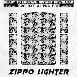 May include: Black and white floral design for a Zippo lighter. The design includes the text "READY TO ENGRAVE. INSTANT DOWNLOAD" and "ZIPPO LIGHTER". The design is available in SVG, DXF, AI, PNG, and PDF formats.