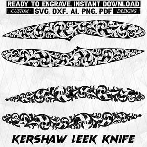 May include: Black and white digital designs for a Kershaw Leek knife, featuring intricate floral scrollwork. The image includes the text "READY TO ENGRAVE. INSTANT DOWNLOAD" and file type options. The knife designs are in SVG, DXF, AI, PNG, and PDF formats.