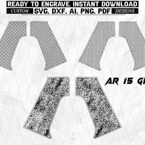 May include: Black and white digital designs for AR 15 grips. The image shows four pairs of grips with different textures: a diamond pattern, a honeycomb pattern, and a speckled design. Text at the top reads "READY TO ENGRAVE, INSTANT DOWNLOAD".